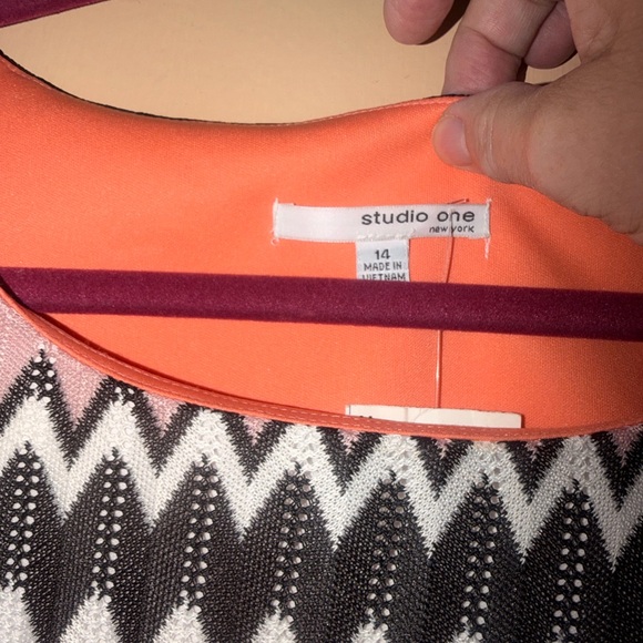 Studio One Zigzag Long Sleeve Dress - Orange, Black, White - Picture 2 of 5